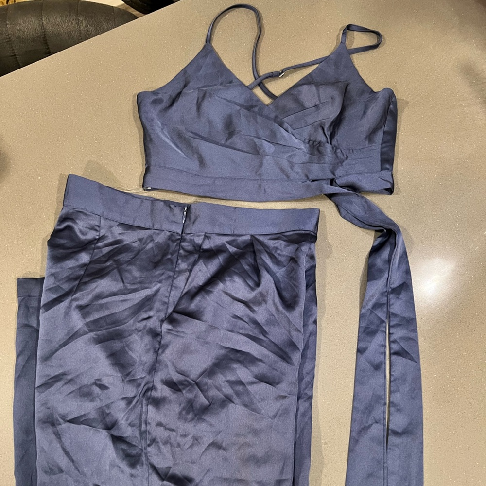 Fashion Nova Deep Blue Satin Bralette & Trousers Set